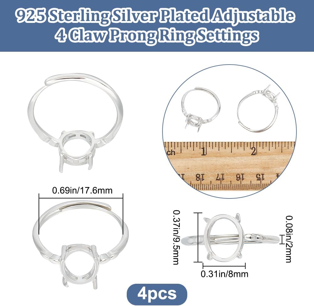 Beebeecraft 1 Box 4Pcs Prong Ring Blanks 925 Sterling Silver Plated Adjustable 4 Claw Prong Pad Ring Settings Finger Components for Jewelry Making Kit Findings DIY Crafts