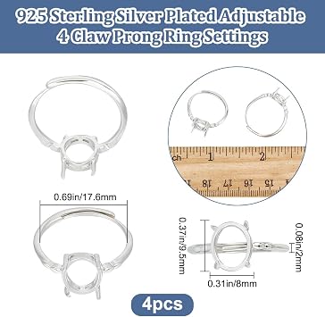 Beebeecraft 4個 925スターリングシルバーメッキ 調節可能なリングブランク
