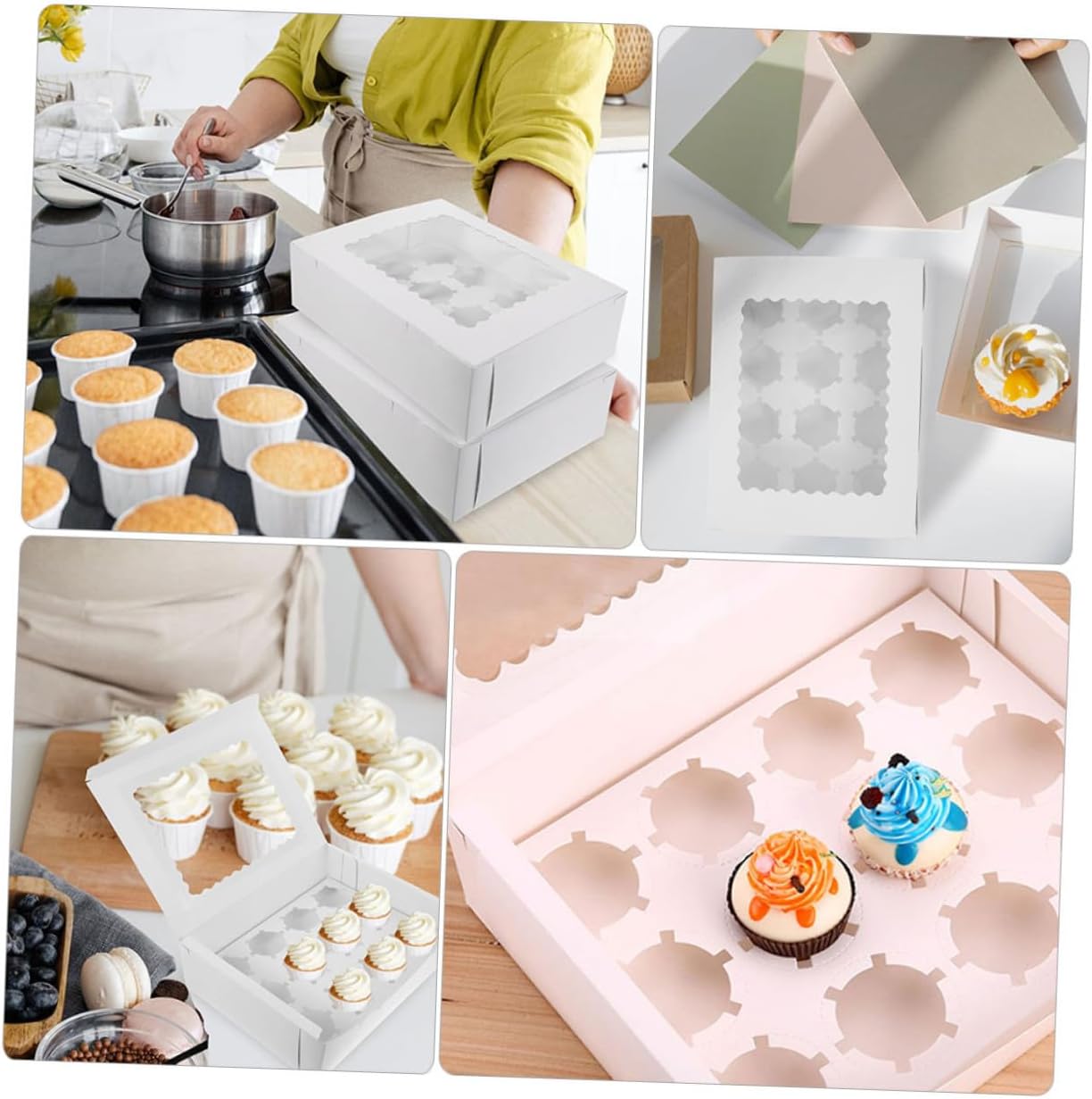 10pcs Window Design Paper Cupcake Boxes Muffin Pastry Carriers with Cavity White Cardboard for Bakery Storage and Takeout