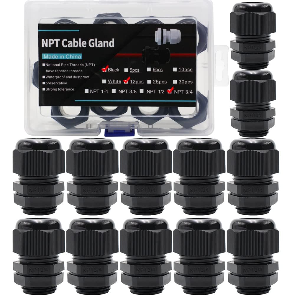Cable Glands 3/4 Inch Nylon Waterproof Cable Connector With Lock Nut And Gaskets IP68 Waterproof Cable Range 13-18mm Cord Gland Connectors Electrical(12 Pack) Plastic Box Package-image-21