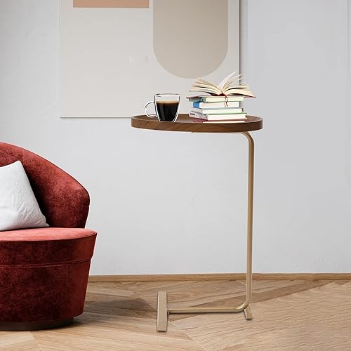 Miniatura 16 de Mesa auxiliar pequeña, mesa auxiliar en forma de C para aperitivos, café, cena, mesa auxiliar para sofá, dormitorio, sala de estar, nogal de 17.7