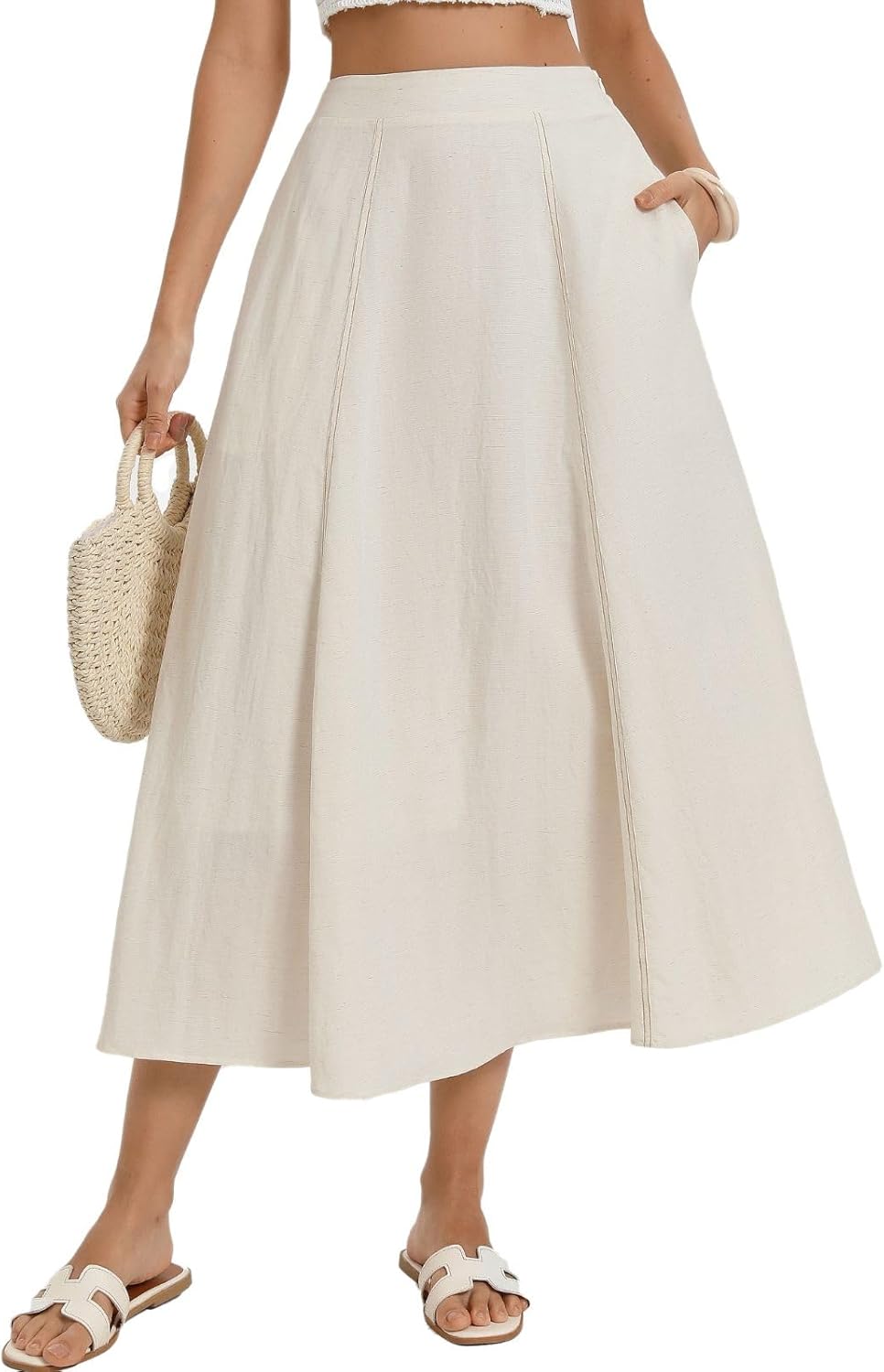 Kate Kasin 2026 Women's Linen Blend Skirts, High Waist A Line Skirt, Flowy Summer Long Skirt with Pockets