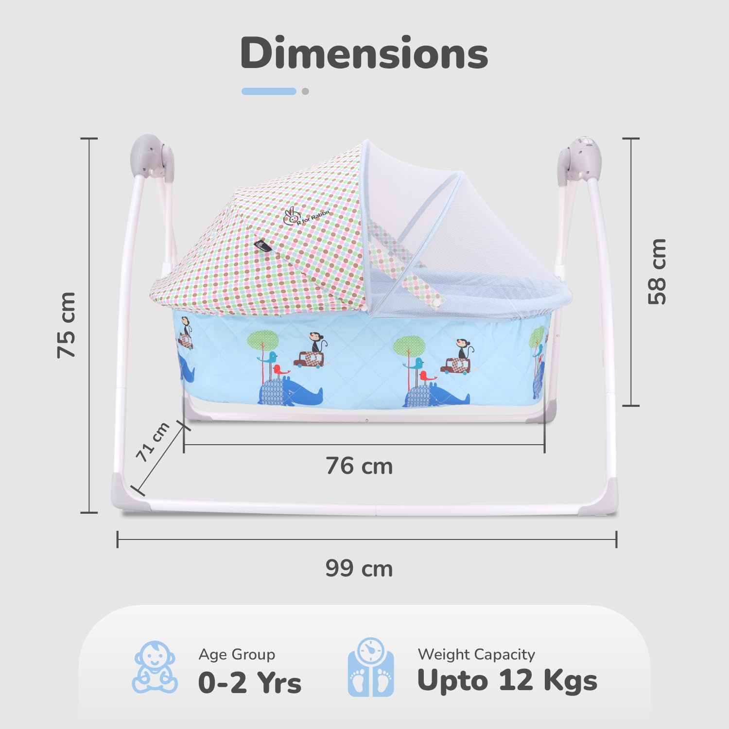 Diagram showing the dimensions of the R for Rabbit Lullabies Baby Cradle: 99 cm length, 71 cm width, 75 cm height, 76 cm cradle length, 58 cm cradle height