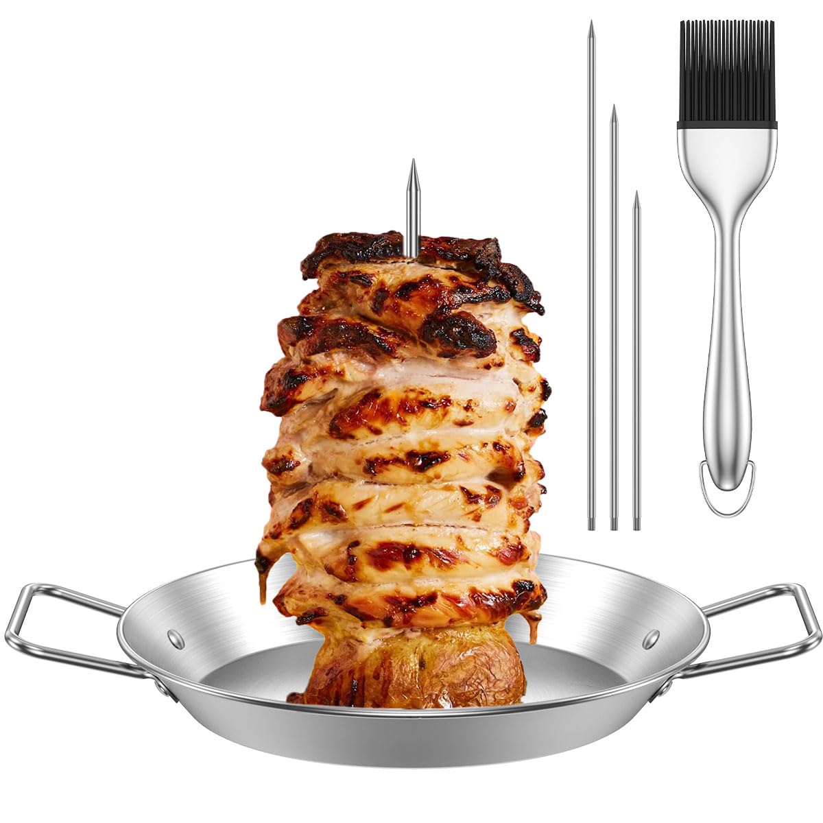 Vertical Meat Skewer, Stainless Steel BBQ Vertical Skewer Grill with 3 Removable Spikes and Oil Bottle Brush