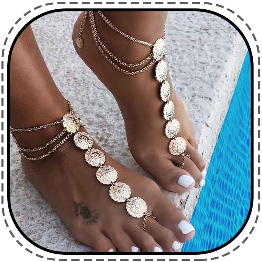 Zoestar Boho Coin Anklet Bracelet Summer Beach Coin Foot Jewelry Accessories for Women（2 PCS