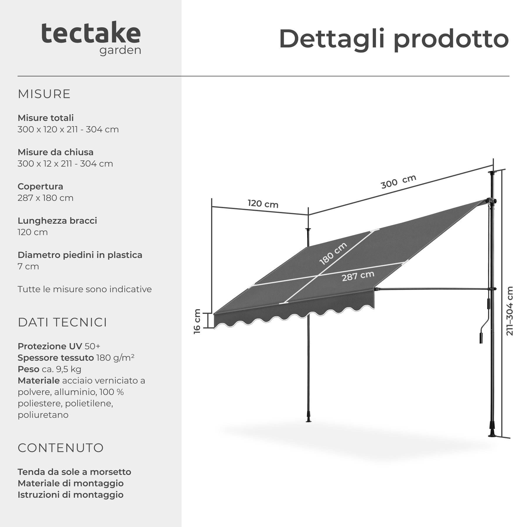 tectake® Tenda da Sole a Morsetto con Manovella, Altezza e Inclinazione Regolabile, Telo Impermeabile e Resistente ai Raggi UV, Ideale per Balcone e Terrazzo, 300x180cm - Nero/Grigio