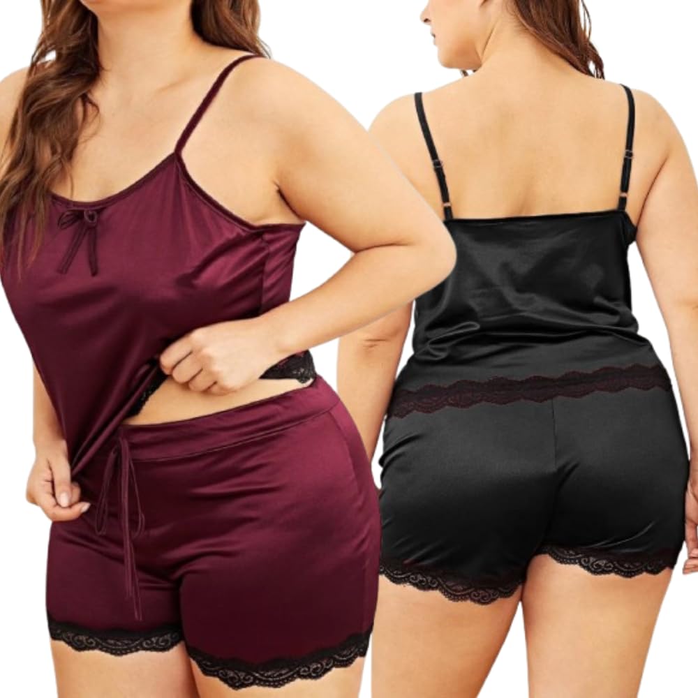 Chill Pookie Women’s Satin Camisole & Shorts Nightwear Set | Soft Sleepwear with Lace Trim | Lightweight Comfortable Night Dress for Women