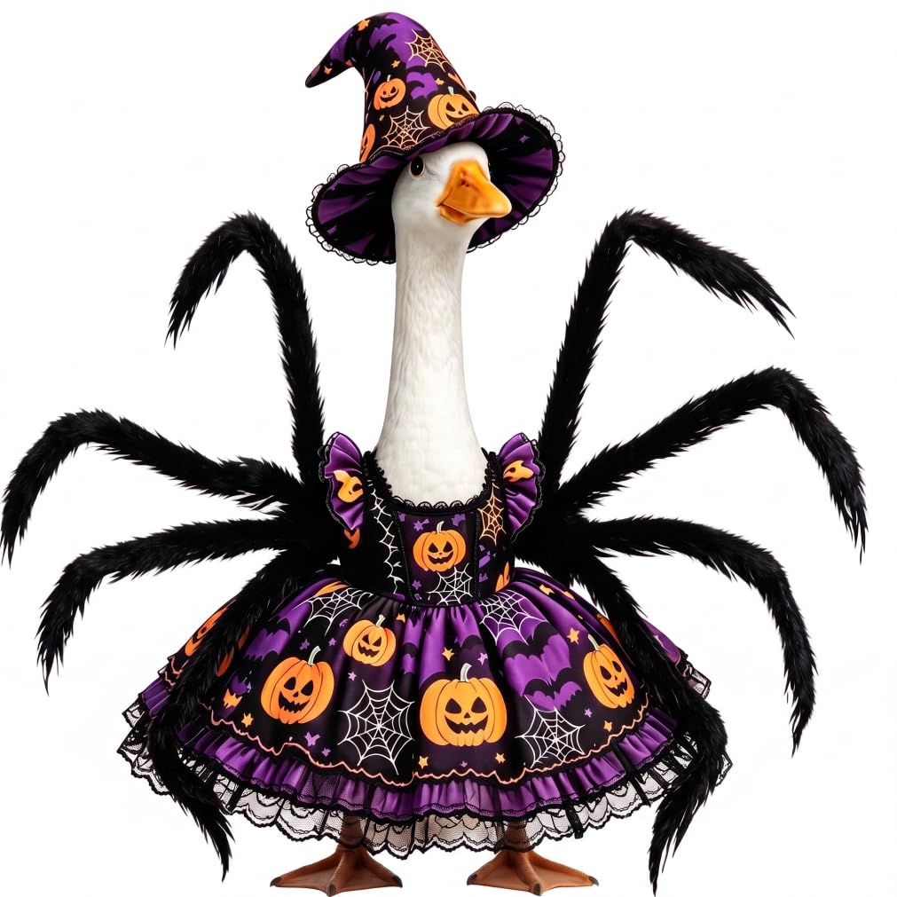 Yeaxxsqy Porch Geese Fall Outfit, 23 Inch Spider-Themed Halloween Porch Geese Outfit with Dress & Hat for Patio Yard Lawn Halloween Ornament