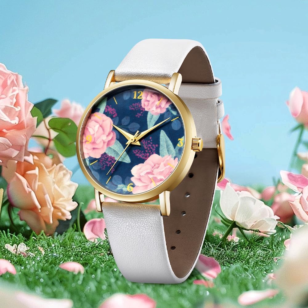 BOSHIYA Women's Leather Wrist Watches Ladies Large Face Floral Printed Analog Quartz Watch