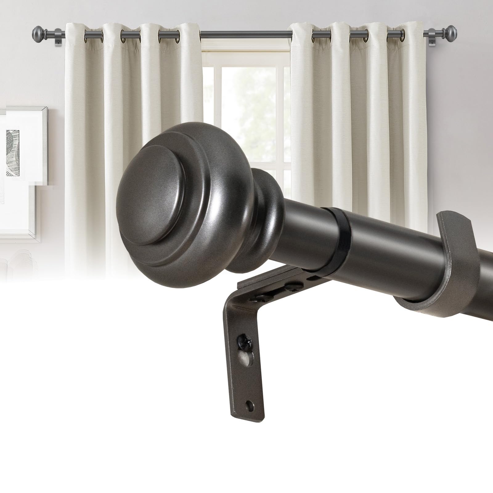BellaHills Barra de Cortina Gris Extensible 76-190cm,25 mm de Diámetro Barra,Instalación con Taladro Incluida,2 Unidades,Diseño Industrial,Sala, Habitación,Carga 20kg
