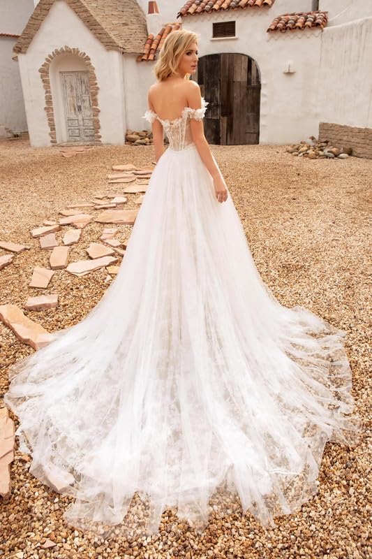 Prinzessin Brautkleid mit Schleppe Damen Lang Hochzeitskleider Off Shoulder Spitze Braut Standesamt Kleider A-Linie