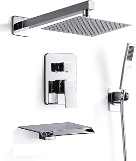 8 Inch Shower Faucet Set, Rainfall Shower System with High Pressure Handheld Shower Head, Bathroom Mixer Shower Set Wall Mounted Shower Faucet Rough-in Valve and Trim Kit, with Tub Spout