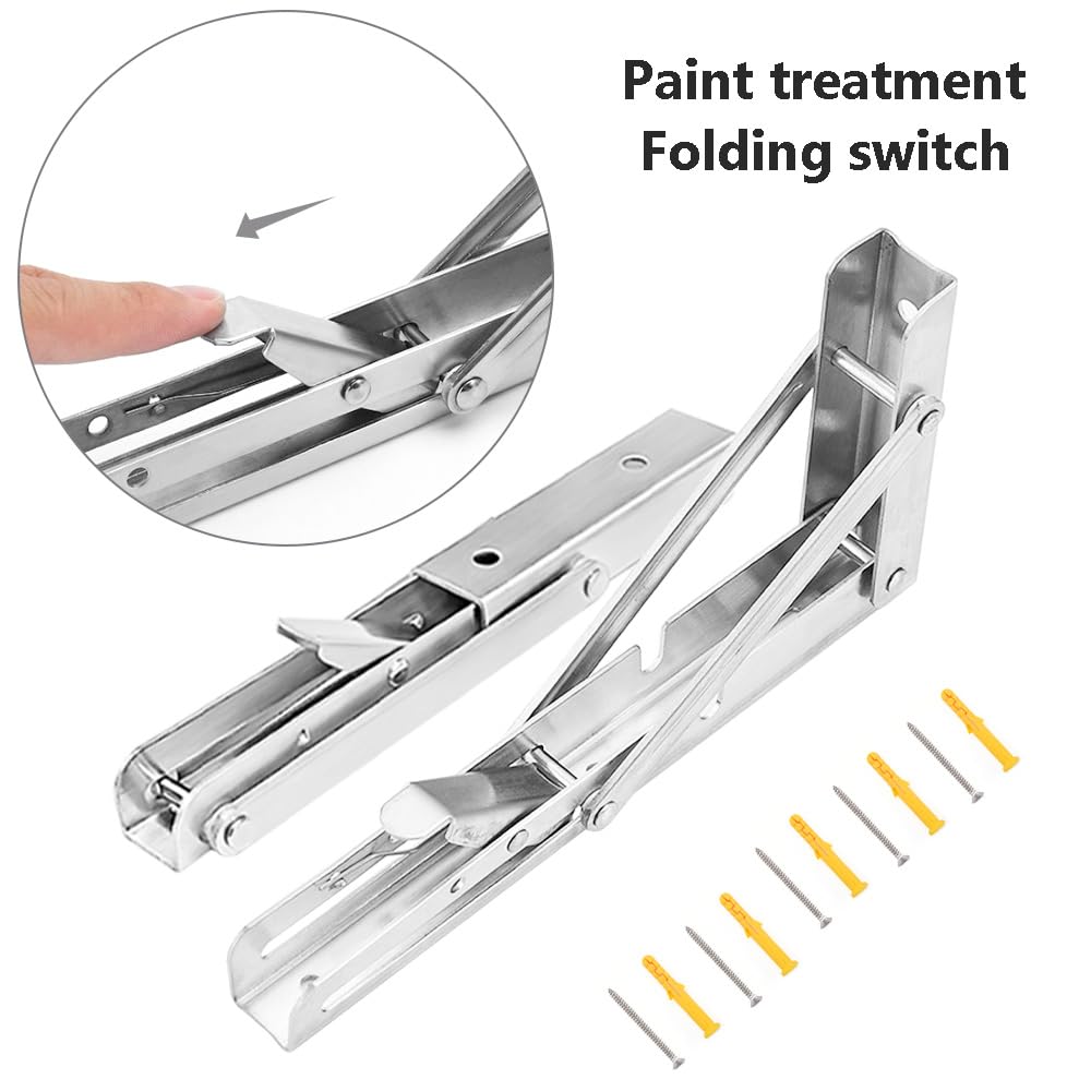Hocansen 2Pcs Stainless Steel Foldable Brackets L Shelf Collapsible Brackets Silver Wall Mounted Shelf Bracket Max Load 132 lb Collapsible Shelf Bracket for Table Bookcase (ZDJ/Silver250mm) - Image 3