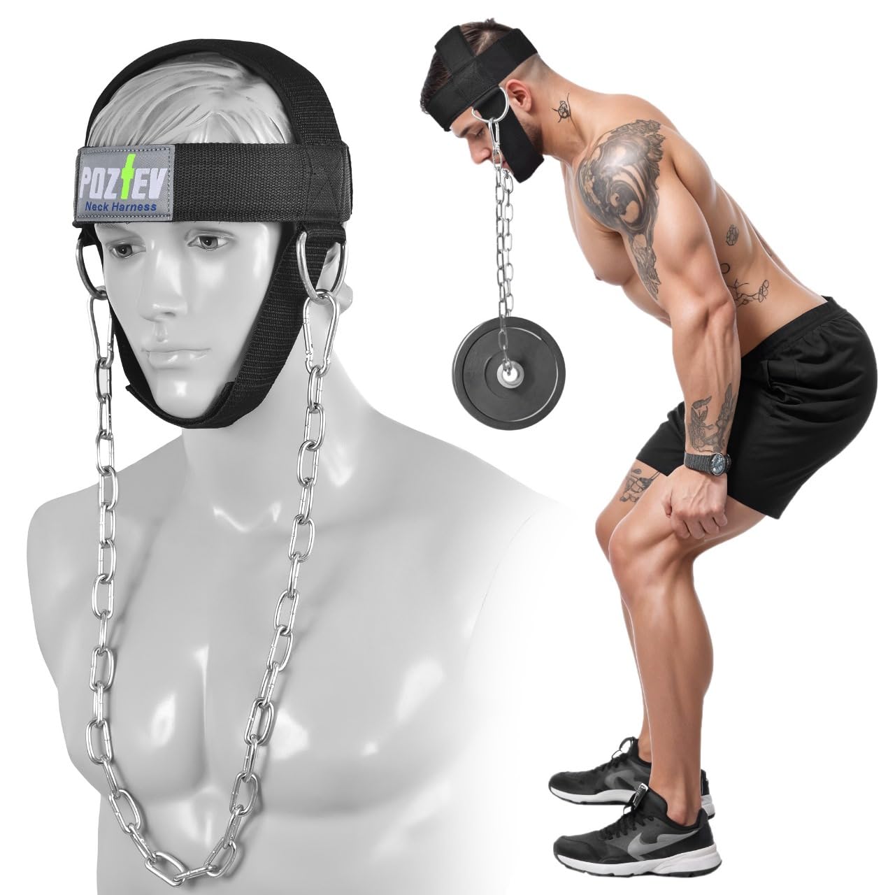 Neck Harness with Heavy-Duty Chain - Neck Exerciser with Adjustable Head and Chin Straps - Head Weight Lifting with Inside Padding to Improve Neck Strength and Reduce Neck Pain
