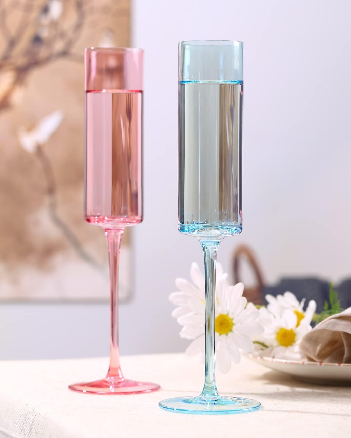 comfit Champagne flutes -Square champagne flutes with multi color Modern Colored Champagne Glasses Set of 6, Lead-free Premium Crystal, Gifts for Weddings,Birthday,Christmas and Engagement, 6.5 oz