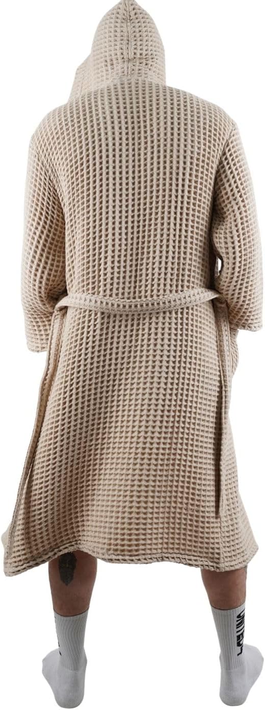 100% Cotton Hooded Waffle Bathrobe for Men (US, Alpha, XX-Large, Sandstone)