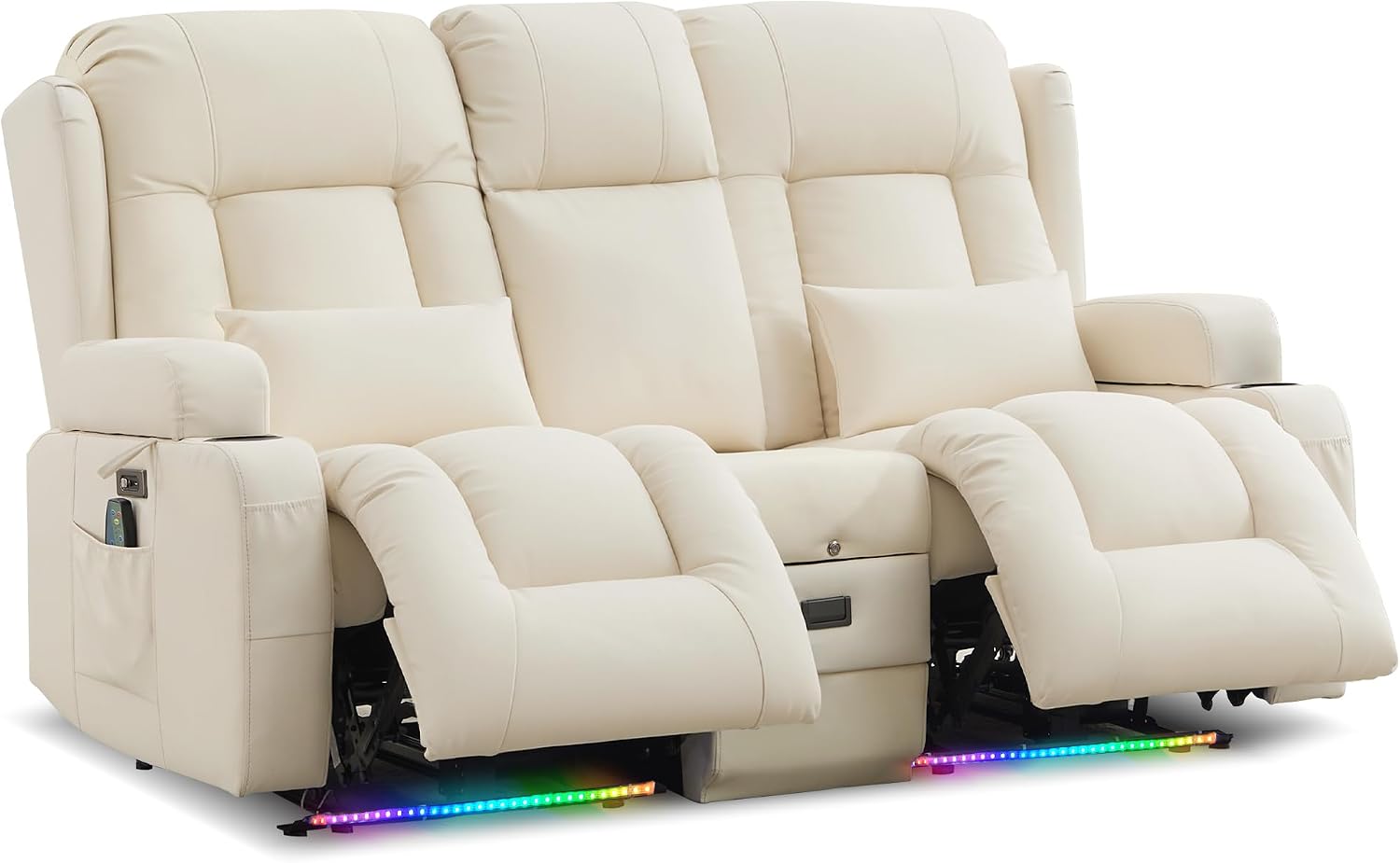 Beige two-seater power recliner sofa with centre console and LED lighting