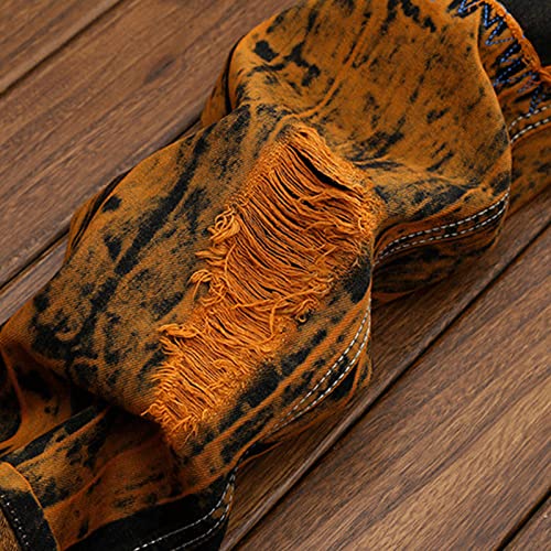 DGHM-JLMY Men's Medium Waist Casual Patchwork Jeans Ripped Patch Stretch Denim Pants Moto Biker Washed Jean Trousers2