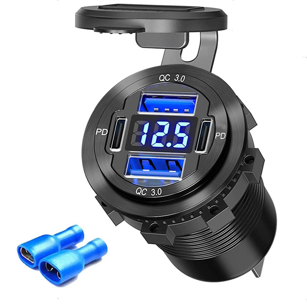 12V USB Outlet 78W Metal Car Charger Socket Dual 30W PD Dual 18W QC3.0 with Voltmeter Aluminum 12V Power Outlet Car USB Port Adapter for Car Truck Golf RV Marine