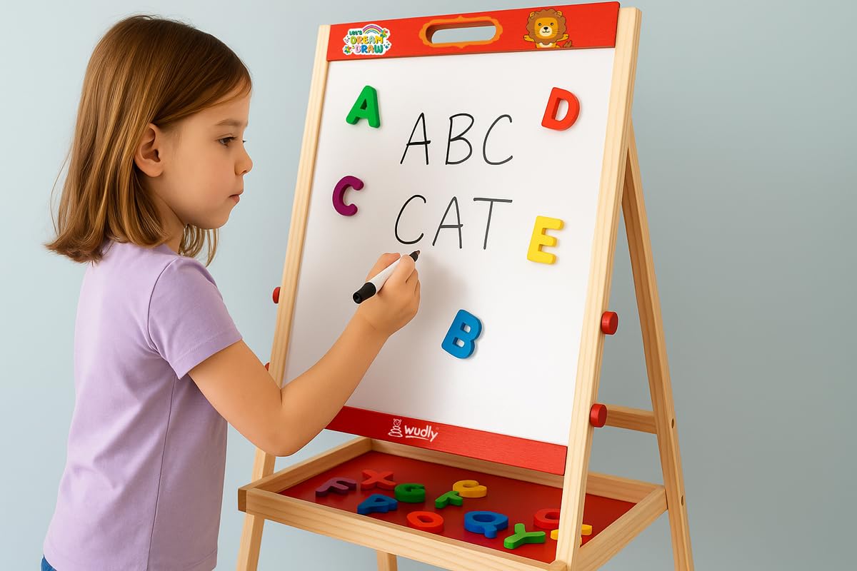 WUDLY® 2-in-1 Wooden Easel for Kids – Double-Sided Chalkboard & Whiteboard with Magnetic Letters, Marker, Duster & Chalk | Learning Drawing Board for Children - Image 4 thumbnail