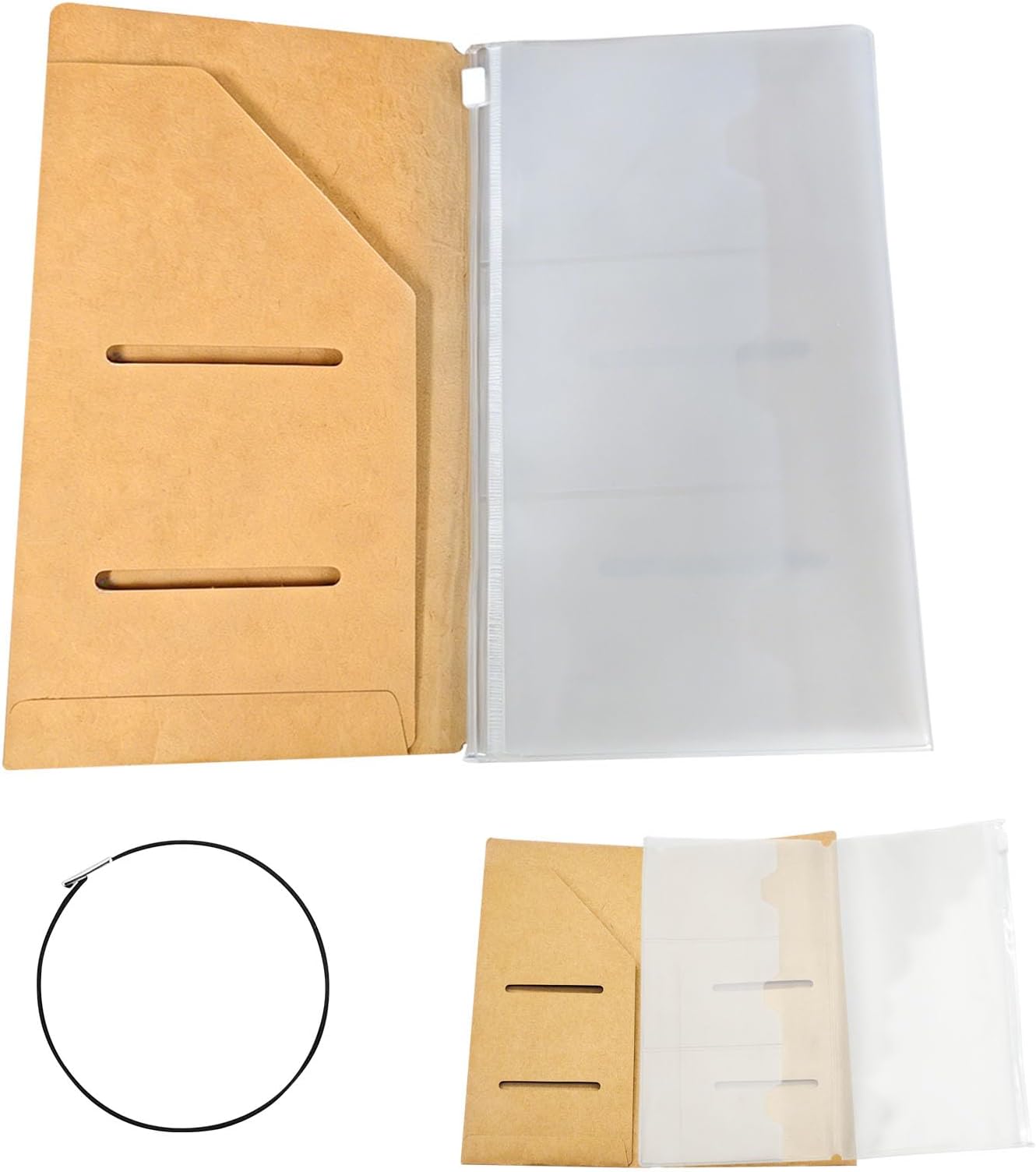 Travelers Notebook Insert for A5 Travelers Notebook, A5 Folder Insert Set with Kraft File Folder, Clear PVC Zipper Pouch and Elastic Band for Cards, Cash and Receipts