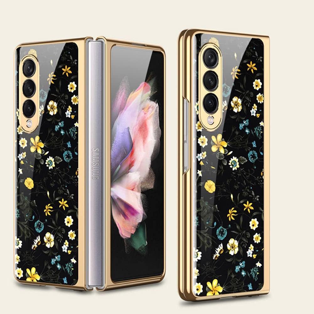 SHIEID Z Fold 3 Case, Z Fold 3 Case Ultra-Thin Tempered Glass Phone Case Protective Cover for Galaxy Z Fold 3 5G Fashion Electroplated PC Back Cover, Flowers-6