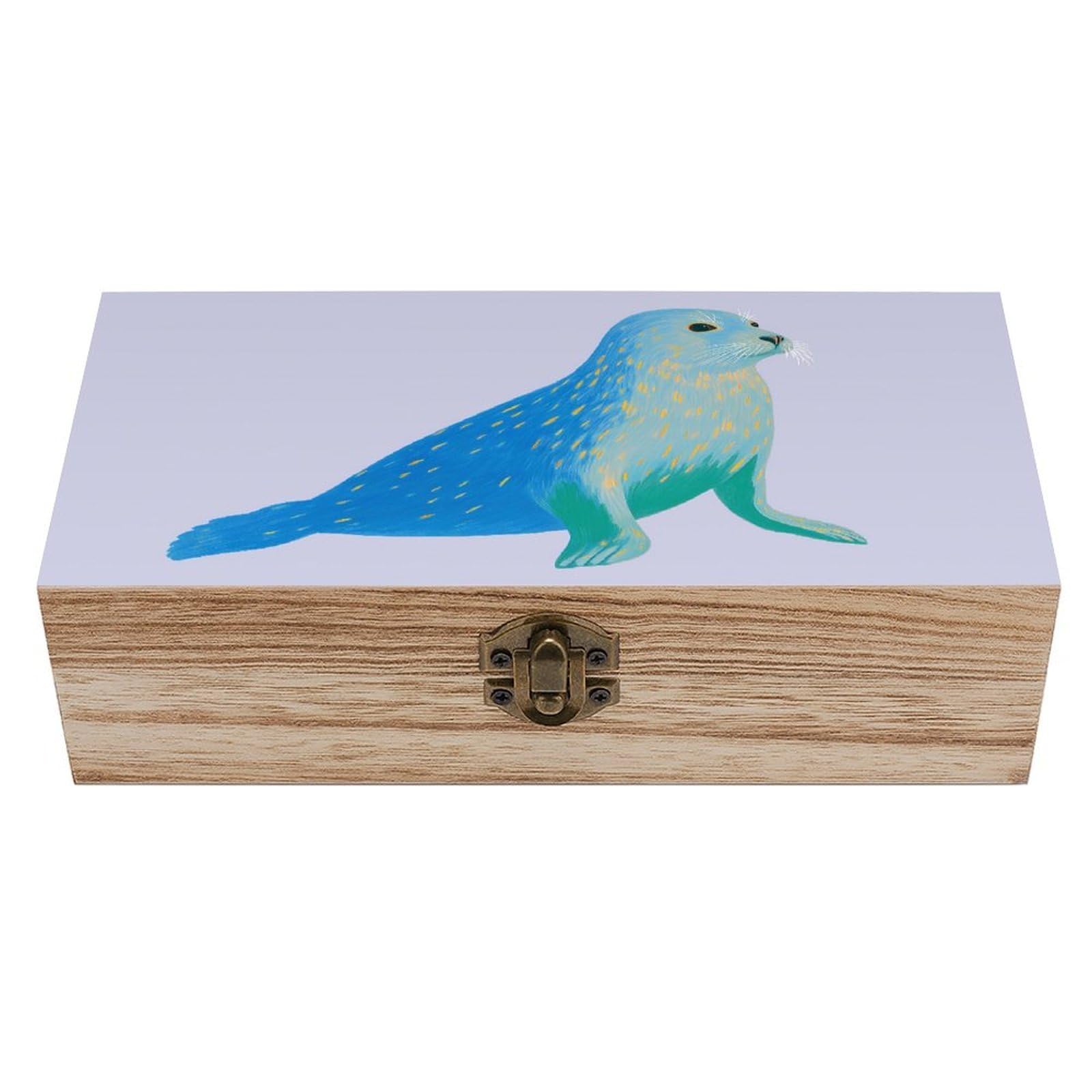 asbwuo Sea Lion Green Blue Wooden Storage Box with Hinged Lid