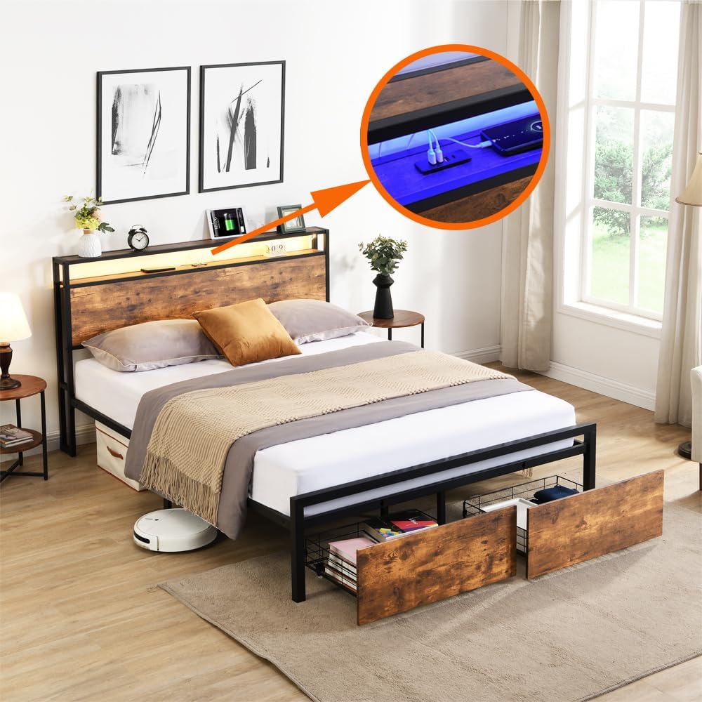 Queen Size Bed Frame with Storage Drawers and 3 USB Ports, LED Queen Bed Frame with Headboard, Metal Platform Bed No Noise, Mattress Foundation, No Box Spring Needed (Black, Queen)