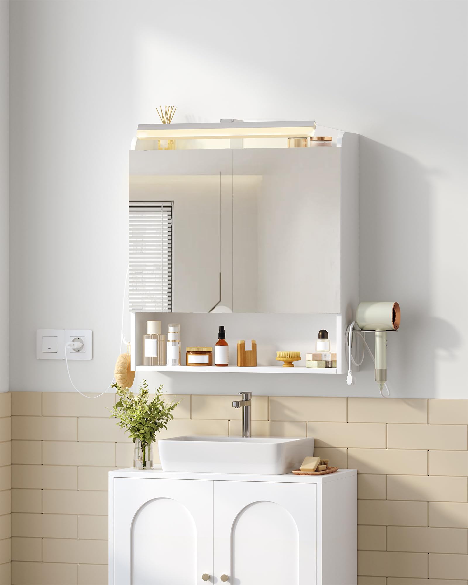 Hzuaneri Badmöbel-Set, Waschbeckenunterschrank 60 cm, Spiegelschrank mit LED-Beleuchtung und Badezimmerschrank Hochschrank, für Badezimmer, Toilette, Waschküche Weiß, BC11003XEU