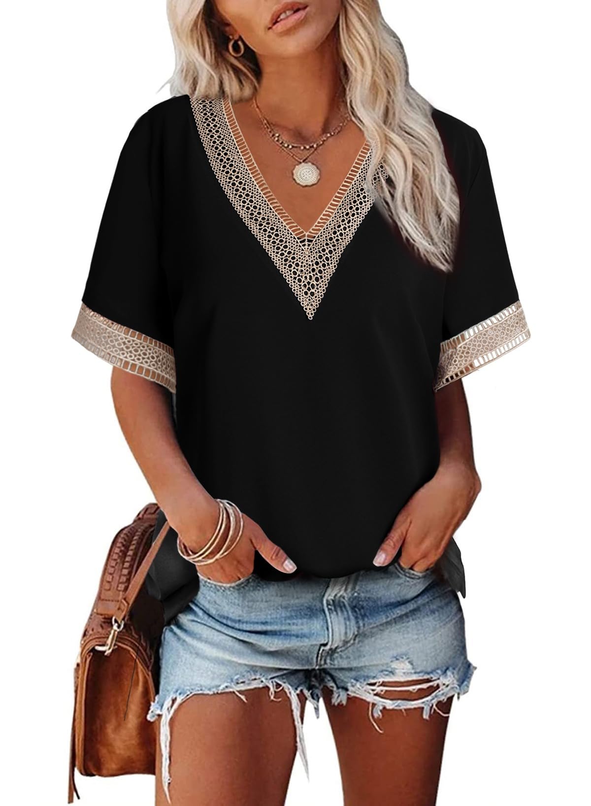 Dokotoo Bluse Damen Elegant Spitzen Oberteile Sommer Blusen Tuniken V-Ausschnitt Kurzarm Aushöhlen Spitzenbluse Locker Lässig Pullover Tops Hemdbluse Elegante Oberteil T-Shirts S-XXL
