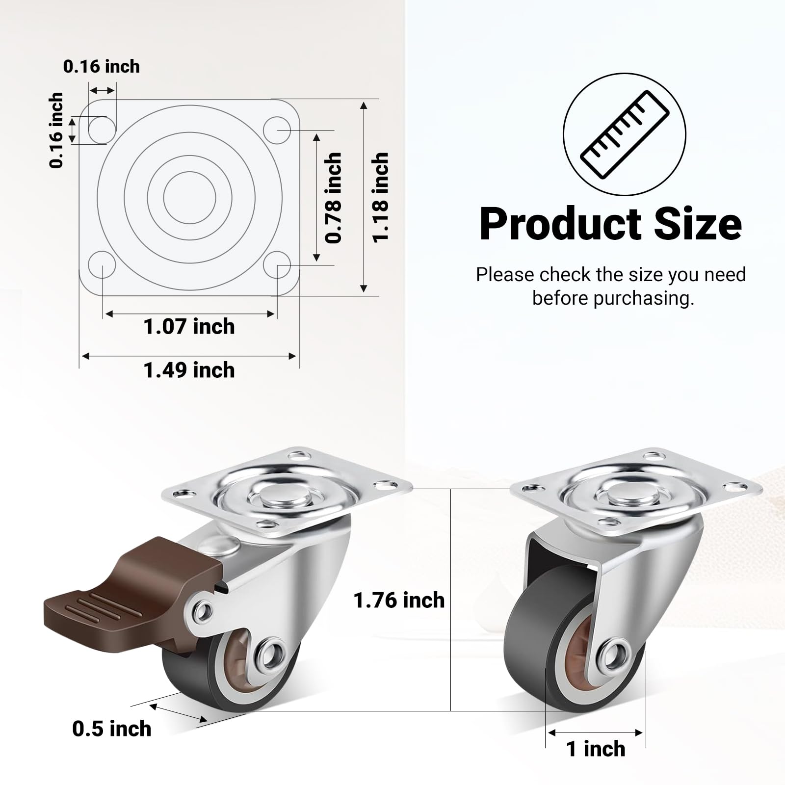 Juego de 12 ruedas pequeñas de 2,5 cm (1 pulgada), ruedas de goma blanda de perfil bajo para muebles, ruedas giratorias de 360 grados, ruedas ligeras y flexibles para armarios, cajas, basura y bric