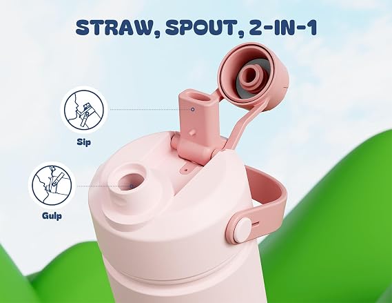 POWCAN Insulated Water Bottle with 2-in-1 Straw and Spout Lid, Keep Cold 24H, Leak-Proof, Fits in Car Cup Holder, Stainless Steel Water Bottle for Sports, School, 355 ml, Cotton Candy