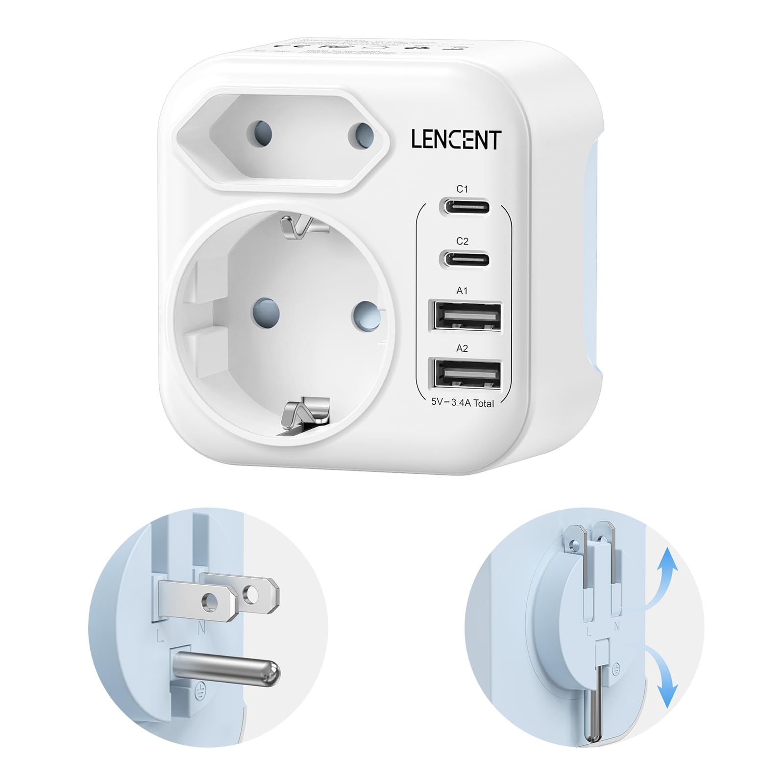 LENCENT Adaptateur Prise USA Adaptateur Prise Canada Americaine US avec USB C Adaptateur de Voyage Type B Adapter Chargeur pour États-Unis New York Canada Mexique Thailande Republique Dominicaine