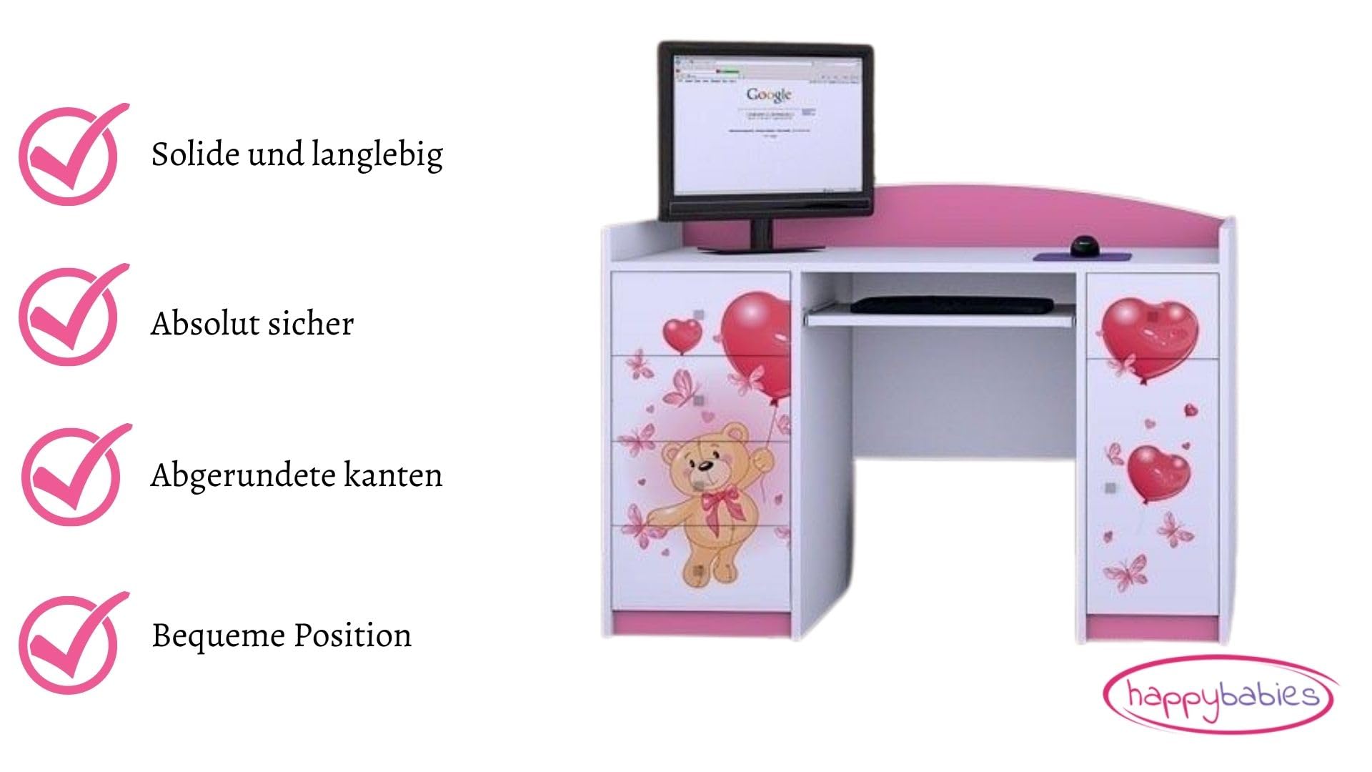 Happy Babies Scrivania per bambini con 5 cassetti, colore bianco, blu, 125 x 89 x 60 cm, scrivania per computer con ripiano per tastiera, per cameretta dei bambini, motivo orsacchiotto