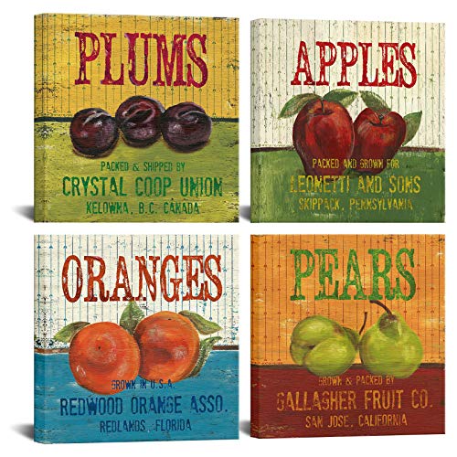 Biuteawal - Fruits Canvas Wall Art for Kitchen Dining Room Decor Oranges Pears Apples Plums Poster Painting Prints Retro Food Picture for Home Decoration Stretched and Framed Ready to Hang