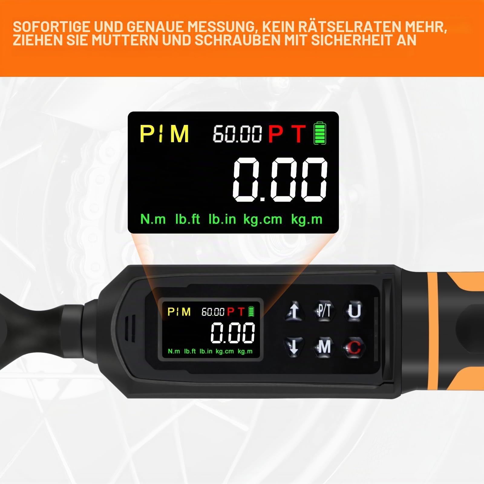 Uharbour Digitaler Drehmomentschlüssel, 3/8 Zoll Antrieb, 0,9–60 Nm Reichweite, elektrischer Drehmomentschlüssel mit Dual-Richtungs-Ratsche, ±1% Genauigkeit mit Vibration, Summer und LED-Alarm