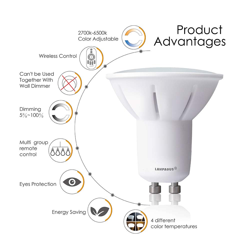 Lampaous Bombillas LED GU10 5W Bombilla 50W Lámpara Halógena Equivalente,Regulable 2700K-6500K,iluminación inteligente,Compatible con Lampaous 2.4G Control remoto,Clase de eficiencia energética A+