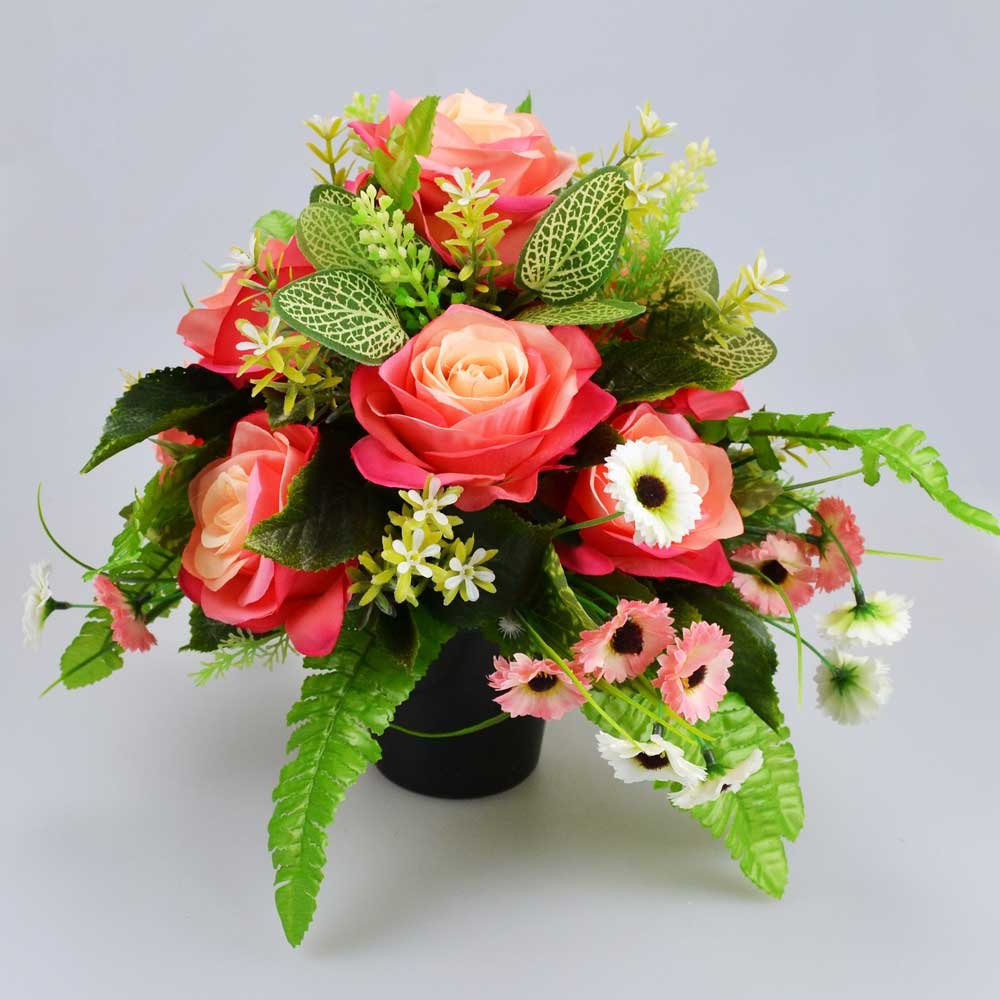 Artificial Flower Graveside Pot with Peach & Pink Roses Cemetery Memorial
