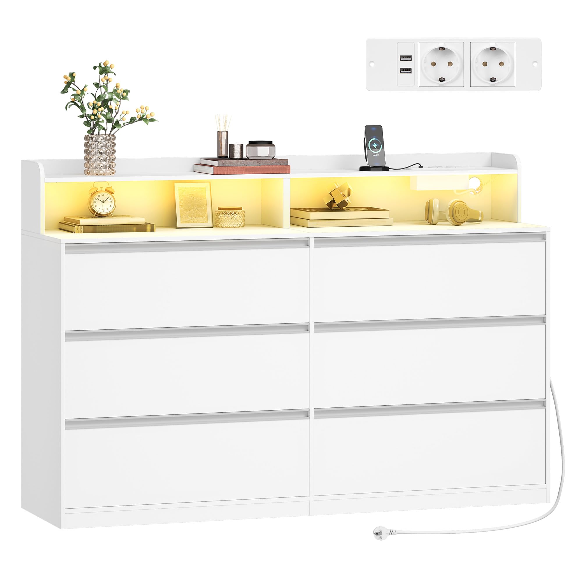 Hzuaner Cassettiera con LED e Presa Multipla, Mobile con Cassett, 6 Cassetti, Piano Superiore Portaoggetti sulla Cassettiera, per Camera da letto, Armadio e Ingresso 40 x 140 x 95 cm Bianco 1214003XEU