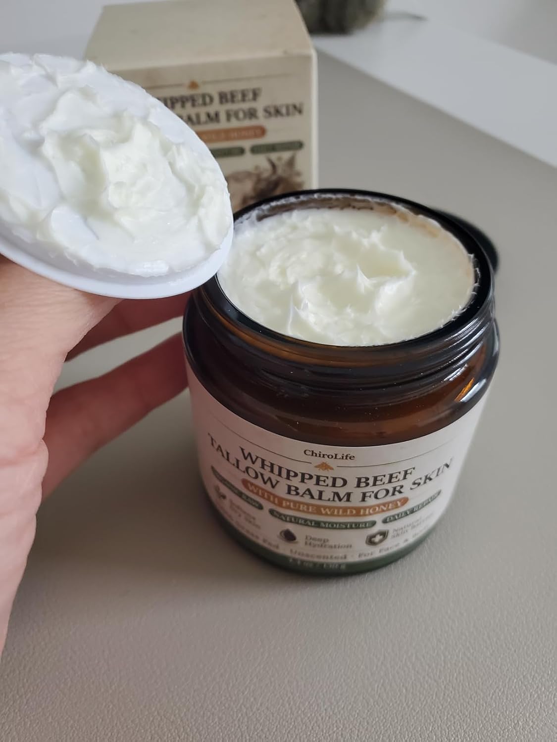 ChiroLife Beef Tallow for Skin – Whipped Tallow and Honey Balm for Face & Body, Grass-Fed Deep Moisturizing Cream, Non-Comedogenic Natural Moisturizer for Dry & Sensitive Skin, 4.4 oz