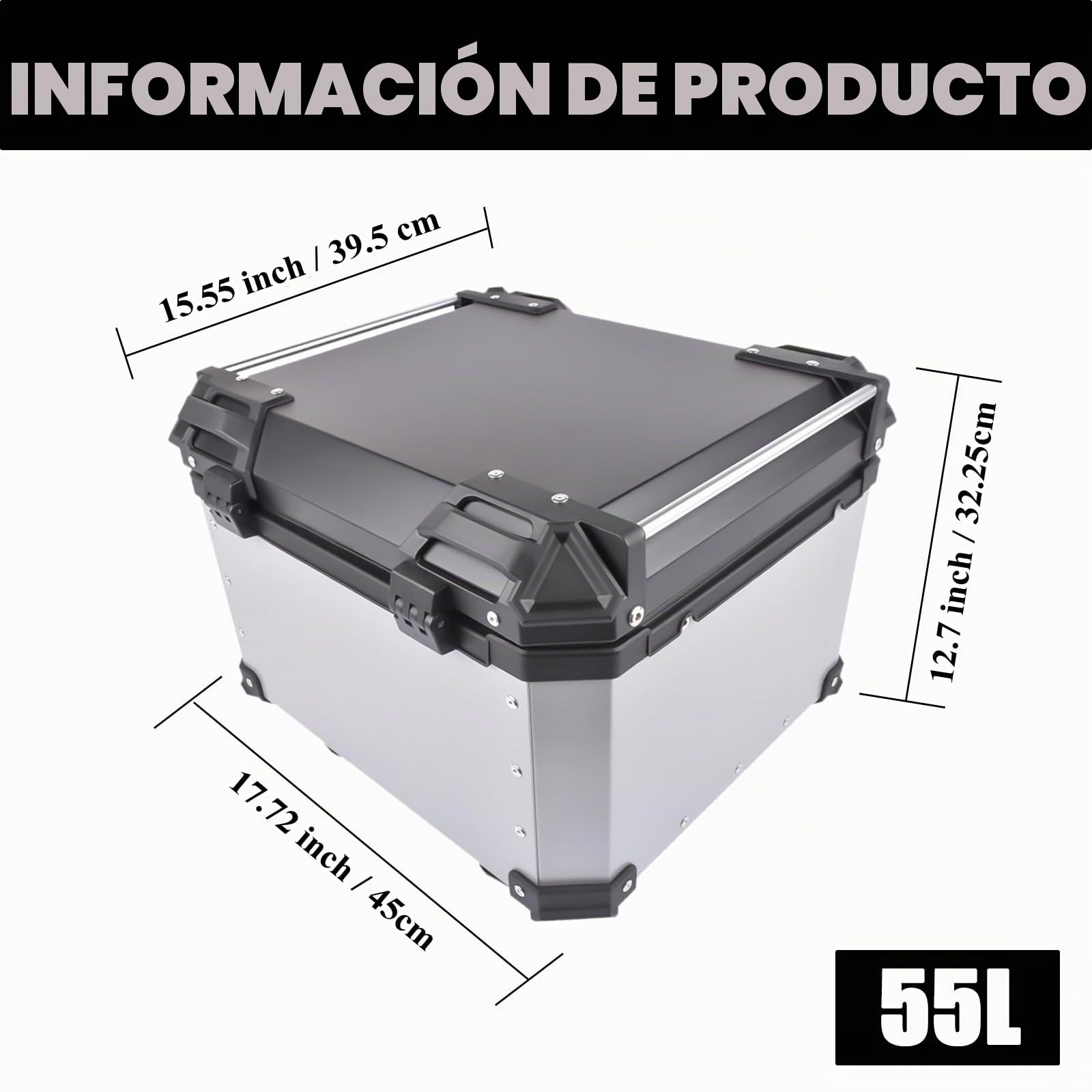 Bisenya 55l Motocicleta Top Case, Aluminio Motocicleta Tour Tail Box con Cerradura De Seguridad Plata Impermeable