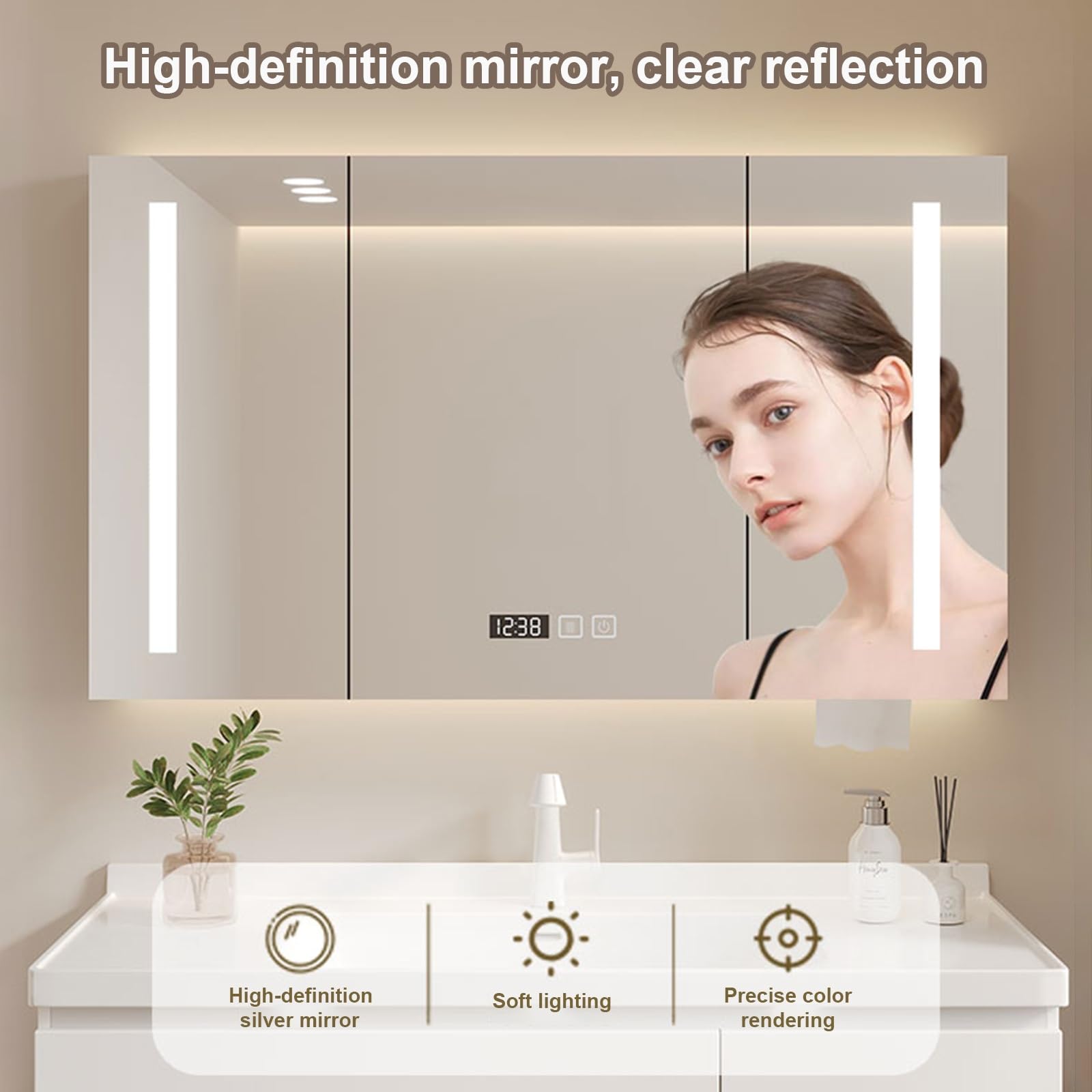 Armario de Baño con Espejo, Espejo de Baño con Armario y LED, LED Espejo con Almacenaje de Maquillaje, para El Cuarto de Baño o el Cuarto de La Ducha(Nero,58 * 70cm/22.8 * 27.6in)