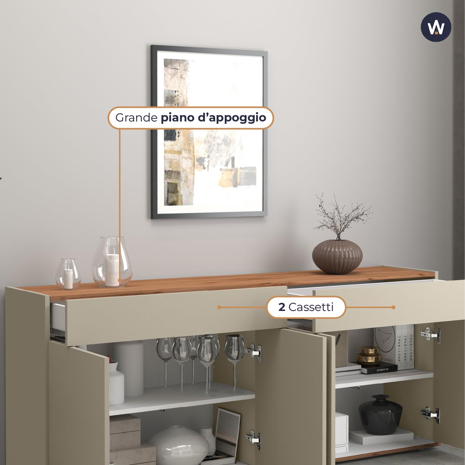 WHOUS Credenza e Buffet GARDA per Soggiorno con 2 Cassetti e 4 Ante, Madia per Salotto, Cucina e Sala da Pranzo in Legno, 160,1x35x70 cm, Tortora Opaco e Rovere