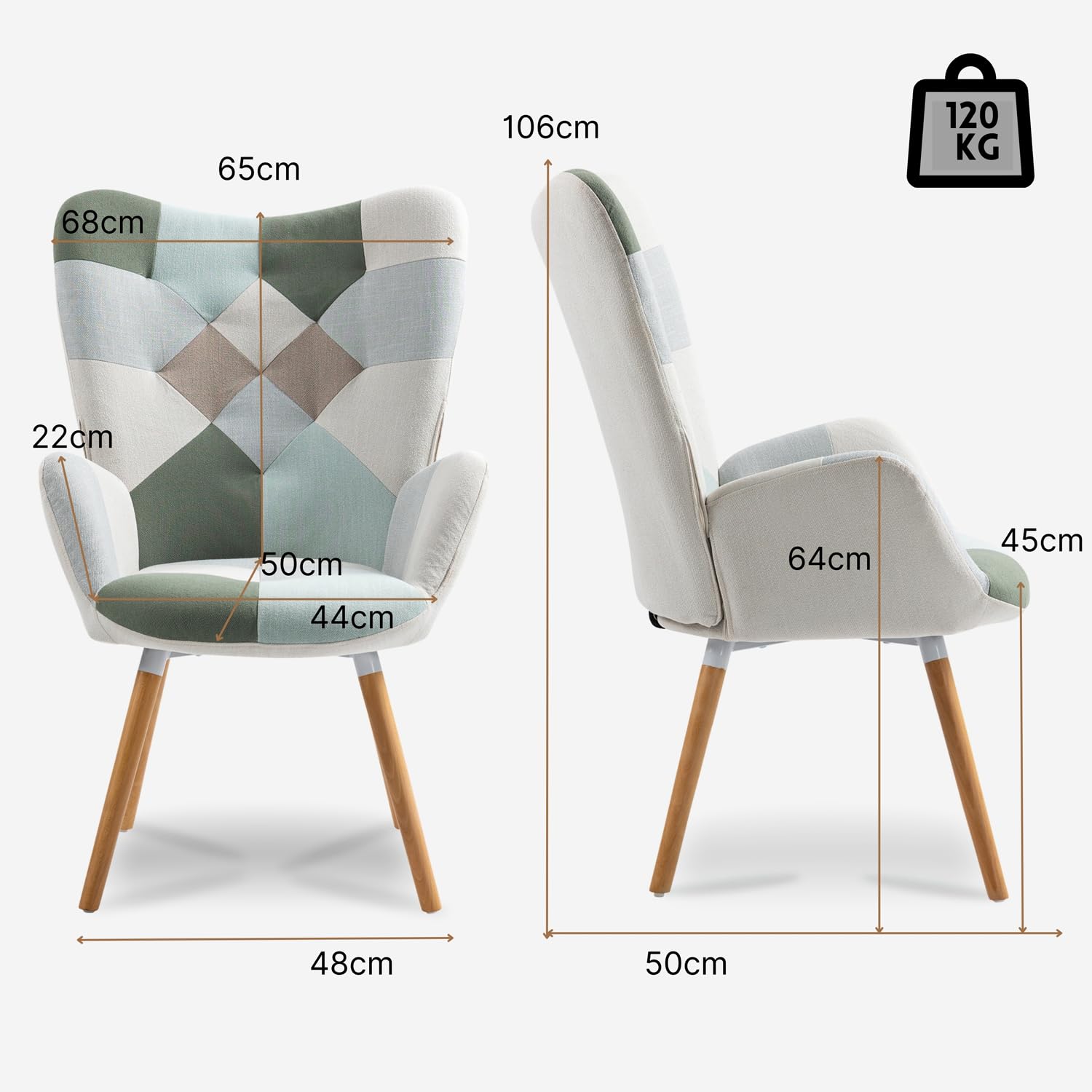 Meuble Cosy Fauteuil Scandinave Chaise de Canapé de Loisirs pour Salon Salle à Manger Bureau avec Un Revêtement en Tissu, Accoudoirs Rembourés et des Pieds en Bois Massif, Patchwork Vert, 68x50x106cm