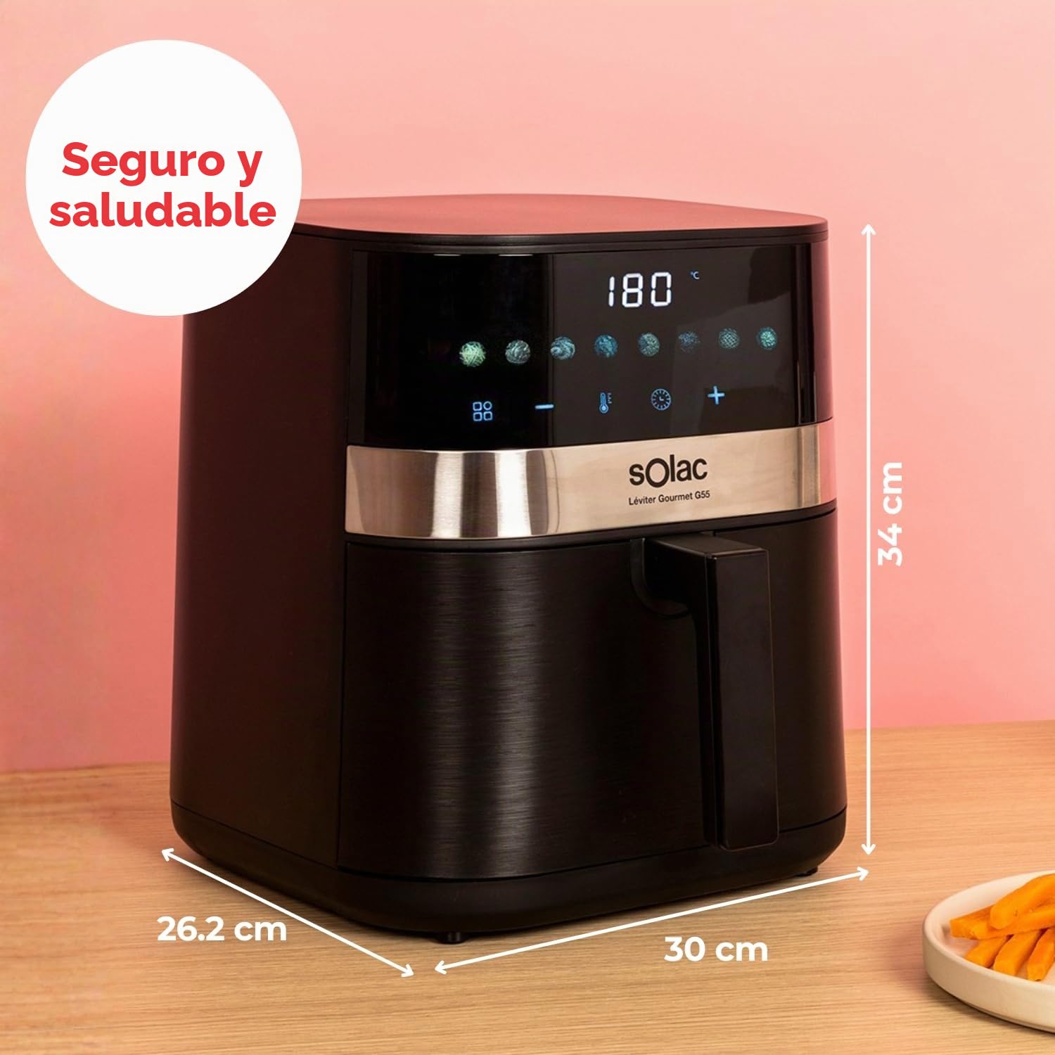 Solac – Freidora sin aceite Léviter Gourmet G55 | 5,5L | 8 Programas | Pantalla digital | Temp. ajustable 80-200°C | Temporizador 60 min | Interior metálico | Recubrimiento antiadherente