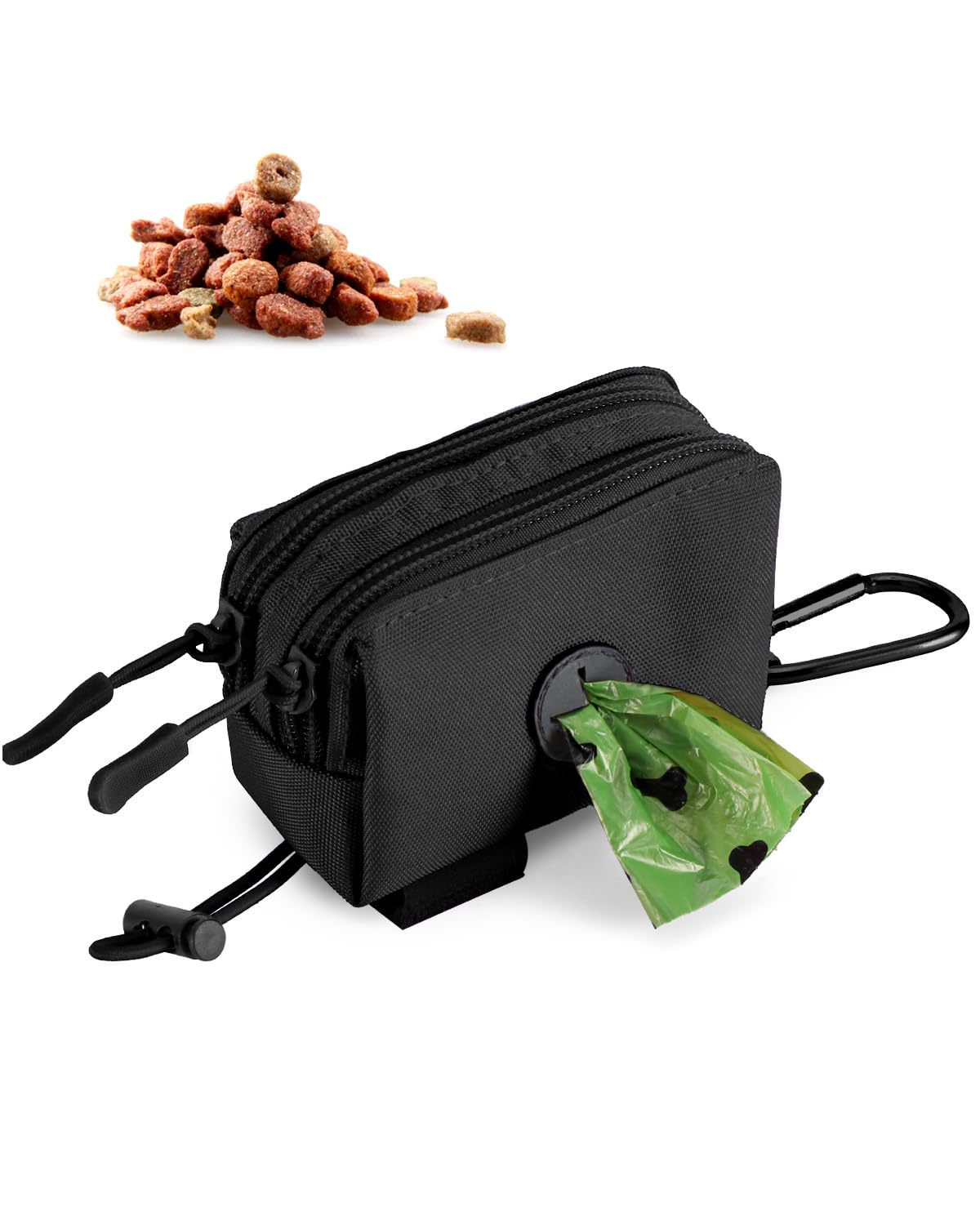 Dog Poop Bag Holder for Leashes, Black Doggie Waste Bag Dispenser and Treat Holder, with Carabiner Hook and Poop Bag Clip, Used Waterproof Wear-Resistant Fabric and 2 Zippered Pouches for Walking