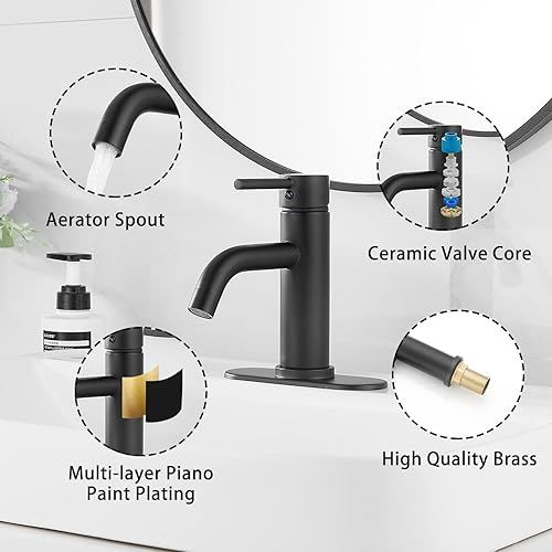 Miniatura 4 de Grifo de baño negro mate GGStudy de una sola manija de un agujero negro grifo de lavabo de baño a juego con desbordamiento grifo de baño Vantity