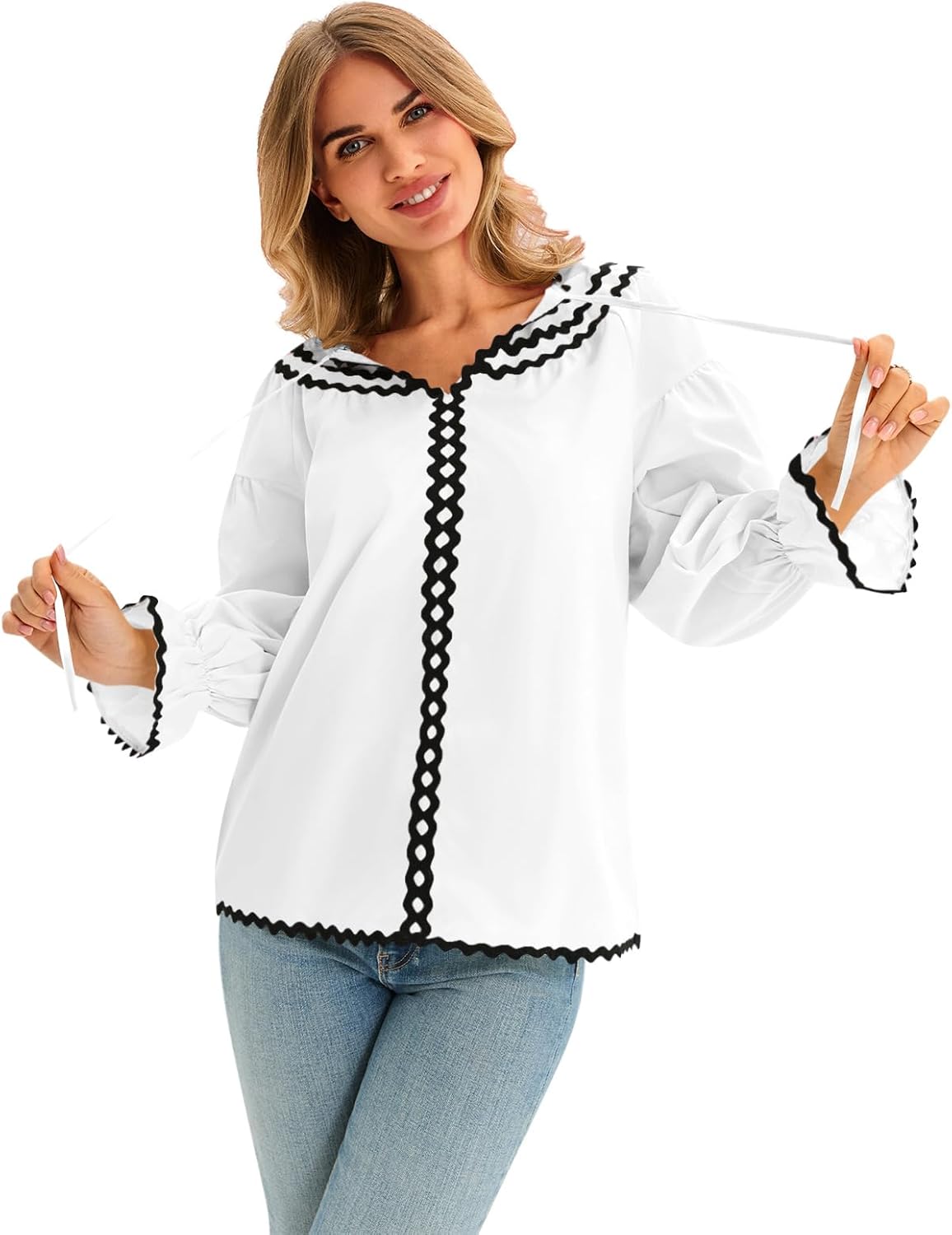 Cicy Bell Womens Ruffle Puff Sleeve Blouse V Neck Trim Shirts Trendy Casual Loose Fit Tops - Image 5