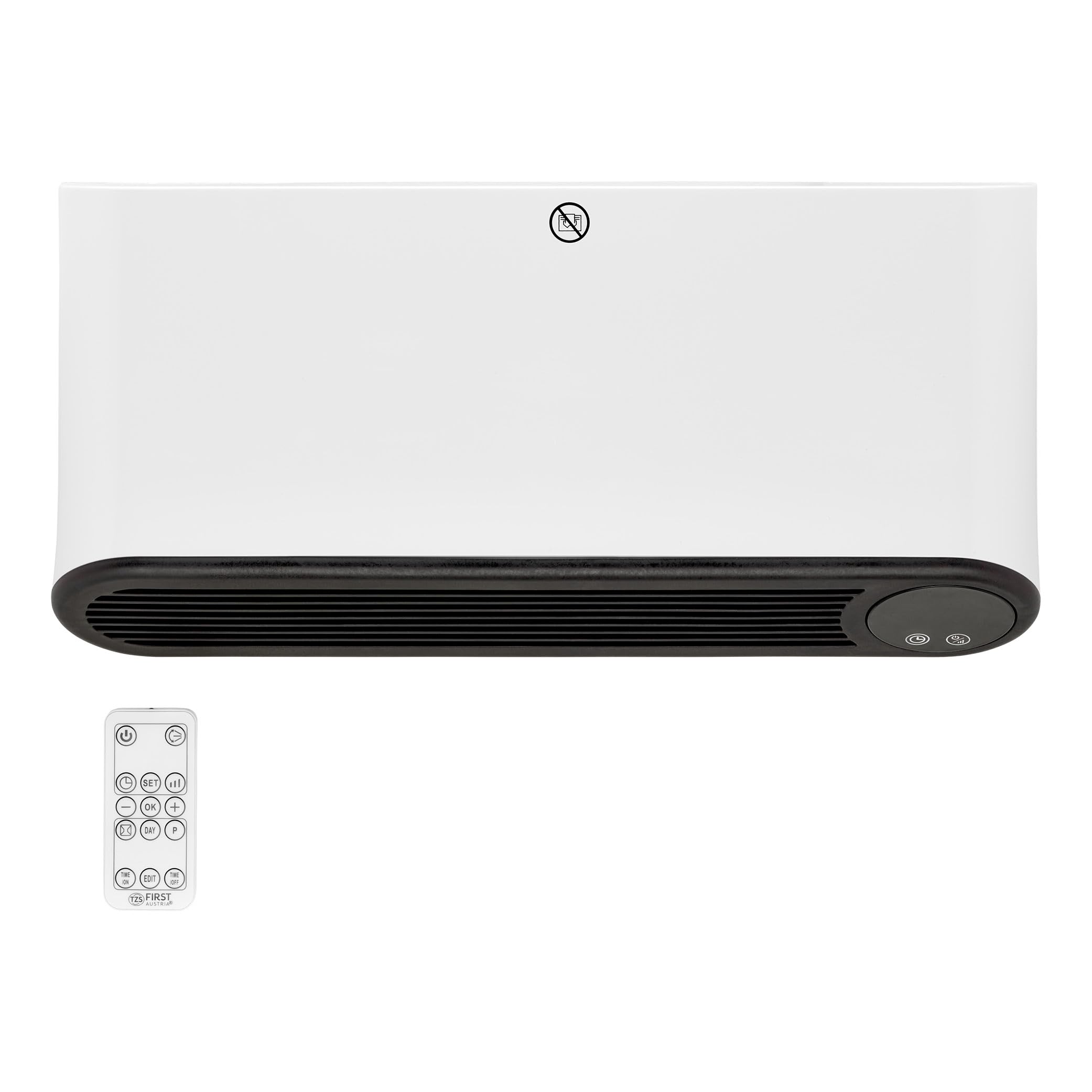 TZS First Austria termoventilatore da parete ceramico, 2000W, timer 12h, 2 livelli, montaggio a muro, termostato, protezione surriscaldamento, bianco/nero