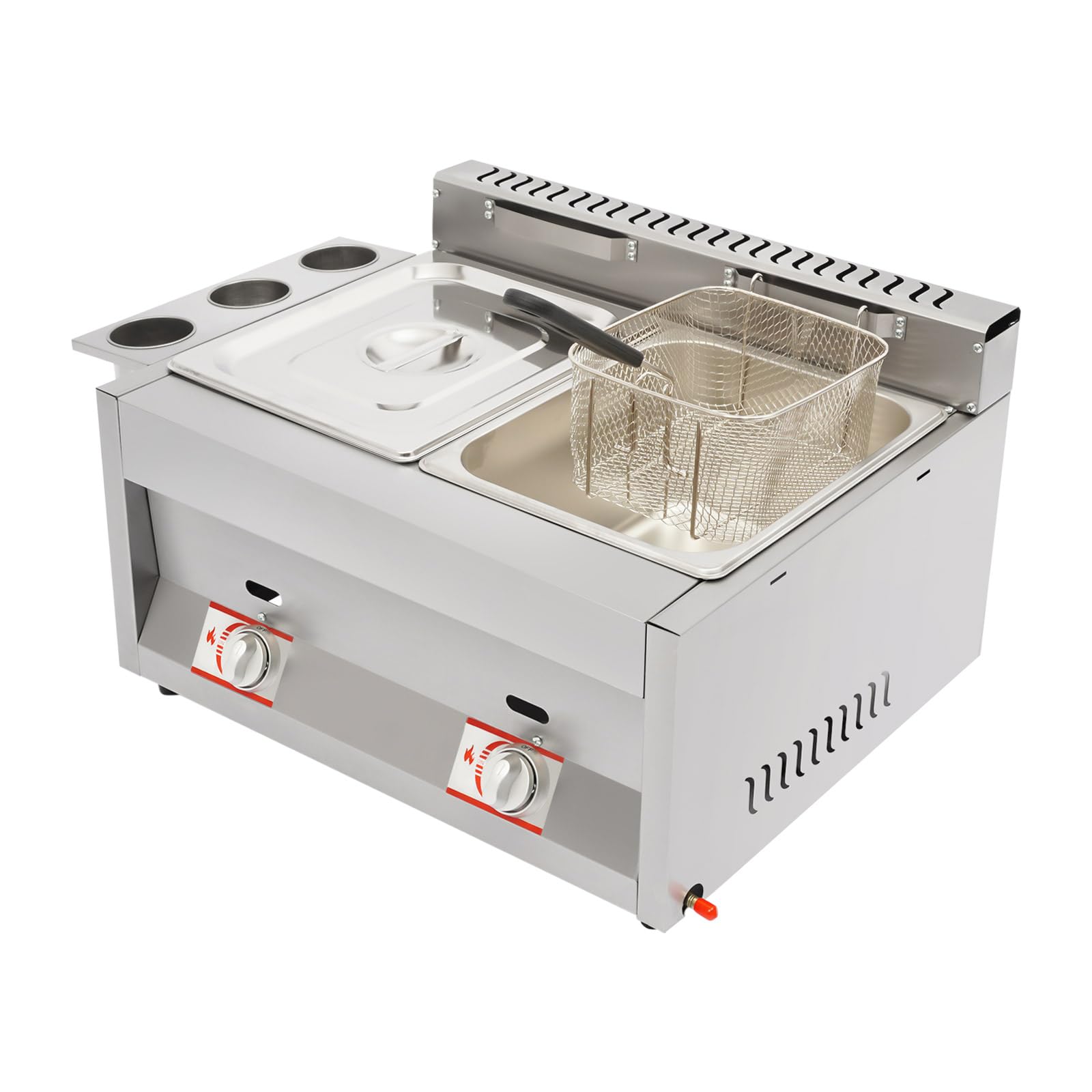 Freidora de gas doble con 2 cestas, Freidora profesional de playa de temperatura 50-380 °C con tazas de condimentos y cestas filtrantes, para freír las patatas fritas, alas de pollo